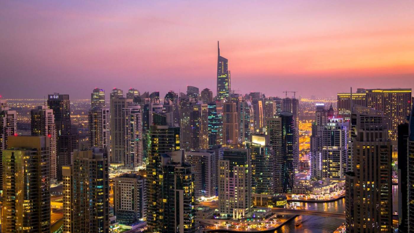 Dubai Marina towers at dusk